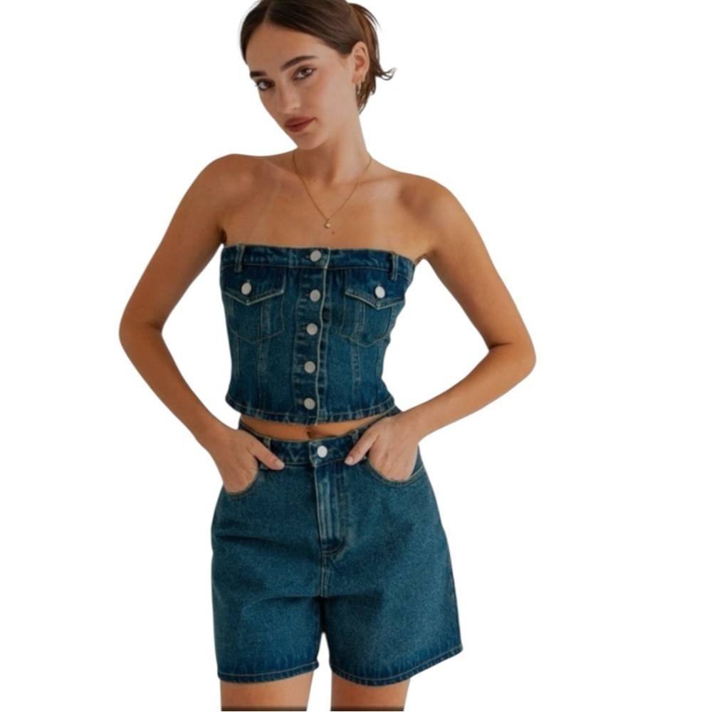 Le Lis Denim Bustier Top Medium Blue